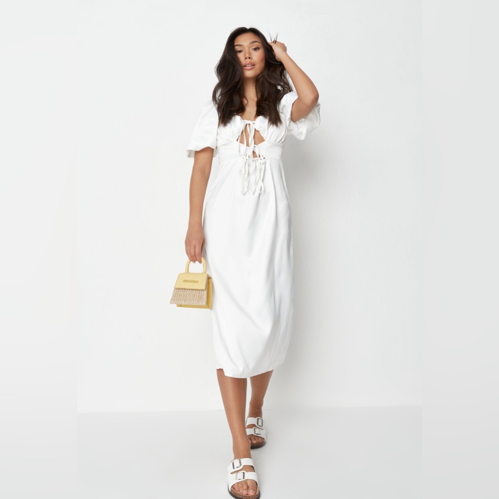 Missguided White Satin Tie Front Puff Sleeve Midi Dress Size 8 MWT